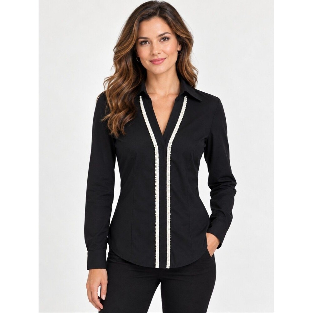 EUC 7th Ave Design Studio women's white strips beaded dress shirt, XS, black